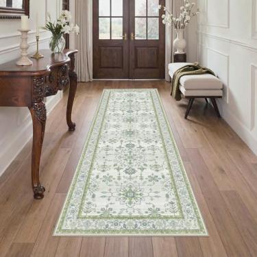 Imagem de GENIMO Tapete de corrida de 2'6"x20.3 cm, lavável à máquina, antiderrapante, macio, retrô, vintage, boho para interior, tapete ultrafino de pelo baixo para corredor, entrada, cozinha, verde creme