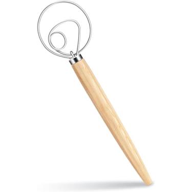 Imagem de kisdoo Batedor de Massa Dinamarquês de 13"- Batedor Dinamarquês de Madeira para Massa com Gancho de Massa de Aço Inoxidável- Batedor Holandês Tradicional- Batedor de Pão para Massa (13×2,75)