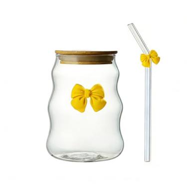 Imagem de 1 copo de vidro elegante com laço com tampa e canudo - Louça reutilizável listrada ondulada, ideal para leite, café e decoração de casa - perfeita para o dia dos namorados e celebrações, acessórios de