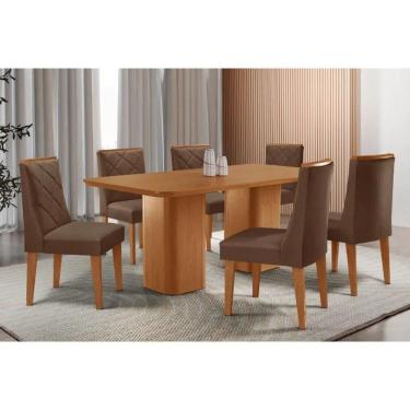 Imagem de Sala Jantar Mesa Maldivas Tampo Curvo 180cm+6 Cadeiras Pietá Madeira Naturale - Capuccino/Suede Marrom - Rufato