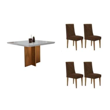 Imagem de Sala Jantar Mesa Berlim Tampo c/ Vidro Curvo 90cm+4 Cadeiras Pietá Madeira Naturale/Off White - Capuccino/Suede Capuccino - Rufato