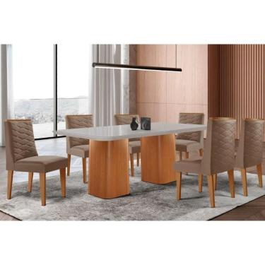 Imagem de Sala Jantar Mesa Maldivas Tampo c/ Vidro Curvo 180cm+6 Cadeiras Dafne Madeira Naturale/Off White - Capuccino/Suede Capuccino - Rufato