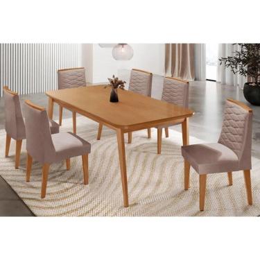 Imagem de Sala Jantar Mesa Havana Tampo Curvo 180cm+6 Cadeiras Maldivas Madeira Naturale - Capuccino/Linho Capuccino - Rufato