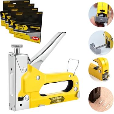 Imagem de Grampeador Manual Profissional Tapeceiro Madeira Pressão + 4000 Grampos 8mm