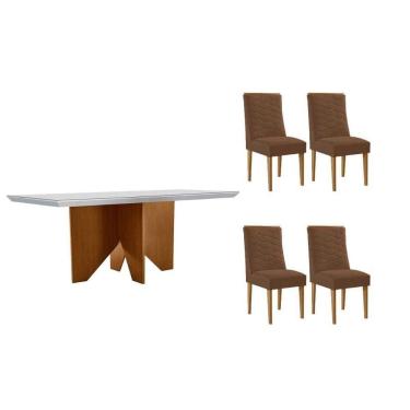 Imagem de Conjunto Sala de Jantar Nevada c/ Tampo Madeirado c/ Vidro Canto Curvo 120x80cm e 4 Cadeiras Maldivas Madeira Maciça Naturale/Off White - Capuccino/Co