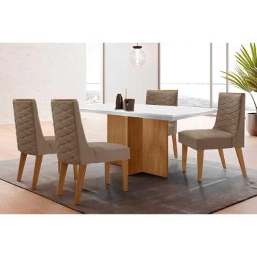 Imagem de Conjunto Sala de Jantar Berlim c/ Tampo Madeirado c/ Vidro Canto Curvo 90x90cm e 4 Cadeiras Dafne Madeira Maciça Naturale/Off White - Capuccino/Suede 