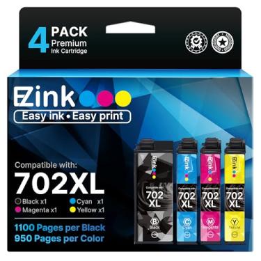 Imagem de Cartucho de tinta E-Z (TM) remanufaturado de substituição para Epson 702XL T702XL 702 T702 para usar com impressora Workforce Pro WF-3720 WF-3730 WF-3733 (1 grande preto, 1 ciano, 1 magenta, 1 amarelo, 4 unidades)