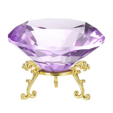 Imagem de PATIKIL Peso de papel de cristal de diamante, peso de papel de cristal de 80 mm / 3,15" com base de metal dourado 19 para decoração de mesa de escritório em casa, enfeites de festa de casamento, roxo