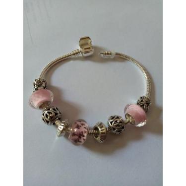 Imagem de Pulseira Feminina com Berloques Banhado a Prata e Murano Rosa - JMH Se