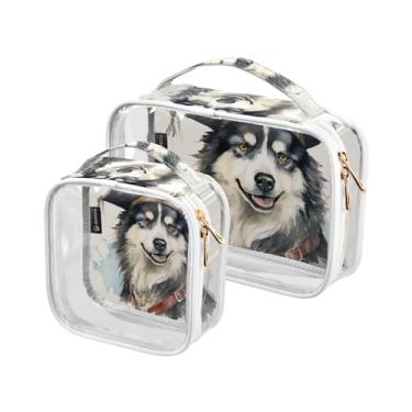 Imagem de GAIGEO Bolsa de higiene Nebula no espaço sideral com alça, bolsas transparentes para viagem, bolsas de viagem cosméticas para mulheres, pacote com 2, Husky usando um chapéu de pirata - 14, one size