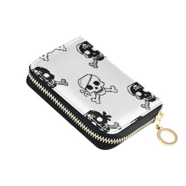 Imagem de Carteira feminina de caveira de osso pirata preta branca pequena com bloqueio de RFID, carteira de dinheiro de viagem estética fofa com bolso para moedas