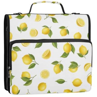 Imagem de Fichários de viagem de 3,8 cm, 3 anéis, limões amarelos, folhas verdes, fichário branco, organizador com zíper, pasta de armazenamento com alça, 34,5 x 31,5 x 9 cm