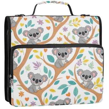 Imagem de 3 fichários de 3 anéis rosa de 3,8 cm, lindos desenhos animados, coalas, galhos de árvores, organizador de fichário com zíper, estojo de armazenamento com alça para fichários escolares com alça de