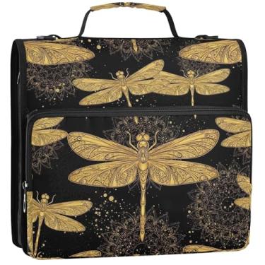 Imagem de Fichários de negócios com 3 anéis de 3,8 cm, anel D ornamentado com libélulas douradas, organizador com zíper, comporta 500 folhas, bolsa escolar com alça de ombro 34,5 x 31,5 x 9 cm