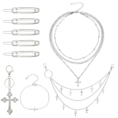 Imagem de Conjunto de colar de cruz em camadas prata para mulheres incluído, pulseira cruzada, calça, chaveiro, clipe de cabelo, colares vintage, joias religiosas, minimalistas, presente
