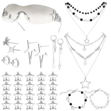 Imagem de JATEBI Conjunto de 37 peças de acessórios Y2k, colar Star Y2k, óculos de sol, clipes de cabelo, pulseiras, brincos, conjunto de joias de estrela de prata para mulheres