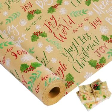 Imagem de KESTAR Rolo de papel de embrulho de Natal, papel de embrulho Kraft verde vermelho e branco, 43 cm x 120 m, cartas comemorativas, papel de embrulho de presente com design de floco de neve para Natal,