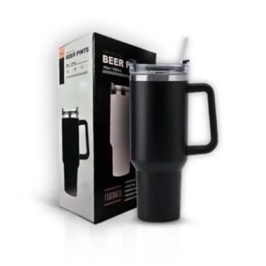 Imagem de Copo Térmico com Tampa 1200 Ml Caneca Garrafa Térmica Com Canudo - Inox Parede Dupla (Preto)