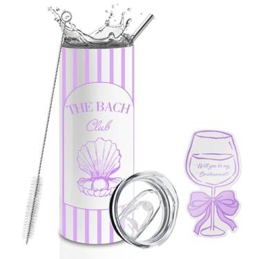 Imagem de BUZCOZY Cartão de pedido de dama de honra e conjunto de copo de 590 ml, copo isolado para despedida de solteira The Bach Club com canudo e tampa, presente Will You Be My Bridesmaid para chá de panela