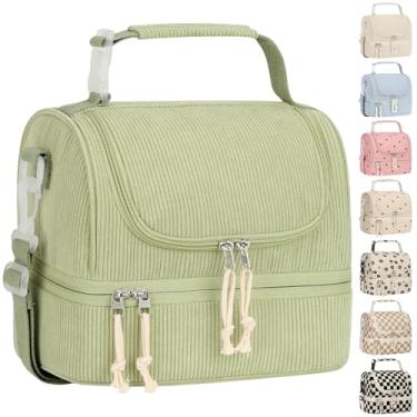Imagem de Vankor Lancheira infantil, lancheira térmica de veludo cotelê de dois andares para meninas e meninos, alça ajustável à prova de vazamento, grande lancheira para viagens escolares, veludo cotelê verde