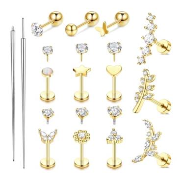 Imagem de ZELORES Conjunto de brincos de cartilagem de aço cirúrgico para mulheres com costas planas banhado a ouro 18 K Push in Nose Studs Screw on Lip Labret Tragus Helix Piercing Jewelry 16G 18G 20G, Aço