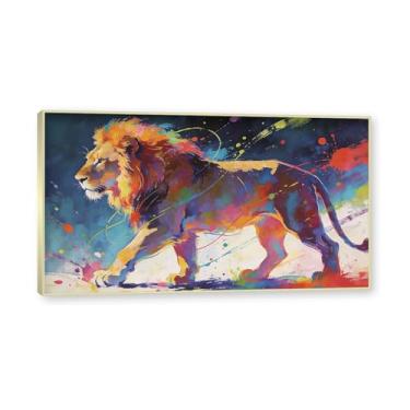 Imagem de NHLDZYH Moldura dourada. Quadro abstrato de leão - arte moderna com salpicos de cor vibrante - arte de parede energética para casa, escritório ou negócios - tela decorativa. A117. 30 x 54 cm.