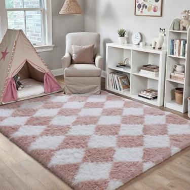 Imagem de HUGEAR Tapete quadriculado 10 x 15 cm rosa e branco moderno tapete felpudo macio lavável tapete interno felpudo aspirador para quarto casa dormitório decoração antiderrapante