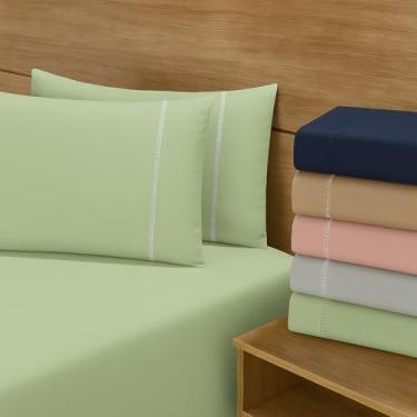 Imagem de Jogo de Lençol - Jogo de Cama - Micropercal Ponto Palito 2 e 3 Peças - 200 Fios - Toque Macio (Verde Bebê, Solteiro)
