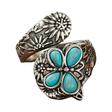 Imagem de Anel Ajustável De Estilo Étnico Boêmio Para Mulheres Com Turquesa Fals