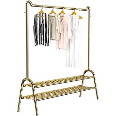 Imagem de 5sssallefaa Cabides dourados para roupas, trilho de roupas pesado, varanda para loja de roupas, cabides com ganchos e prateleira de armazenamento de 2 camadas (100 cm)