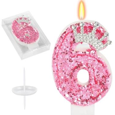Imagem de Velas de aniversário de coroa rosa, velas com número de glitter para bolo número 3, topo de bolo para velas temáticas de jogos, decoração de aniversário, suprimentos para celebrações de aniversário (6