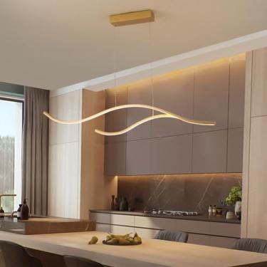 Imagem de Luminária pendente LED moderna para mesa de jantar, com intensidade regulável e controle remoto. Lustre com design ondulado e altura ajustável, ideal para cozinha, escritório e sala de estar