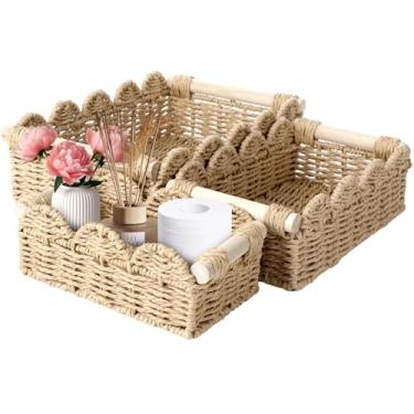 Imagem de Pacote com 3 cestas de armazenamento de borda recortada, papel higiênico e organizador de decoração com alças de madeira para banheiro, sala de estar, quarto, prateleiras e mesa de canto (bege)