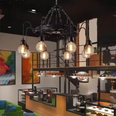 Imagem de Lustre preto grande com 12 lâmpadas, estilo fazenda, metal retrô, luminária pendente redonda de ferro industrial para sala de estar, bar, café, restaurante, hall de entrada, decoração de tet