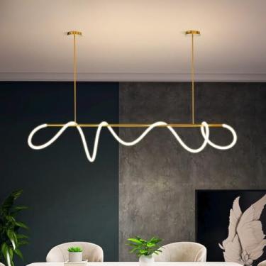 Imagem de Luminária pendente LED dimerizável, design moderno e linear para mesa de jantar, com controle remoto e altura ajustável, ideal para ilha de cozinha, sala de jantar e cozinha (dourada, 100 cm