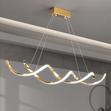 Imagem de Luminária pendente LED moderna dourada ondulada com controle remoto e intensidade ajustável, ideal para sala de jantar, bar ou escritório. Design minimalista com altura regulável, temperatur