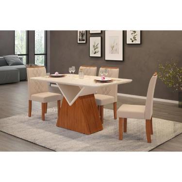 Imagem de Conjunto: Mesa Sala Jantar Argo c/ Tampo Madeirado c/ Vidro Curvo 136x90cm e 4 Cadeiras Ayla Freijo/Off White - Suede Creme - DJ Móveis