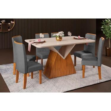 Imagem de Conjunto: Mesa Sala Jantar Argo c/ Tampo Madeirado c/ Vidro Curvo 136x90cm e 6 Cadeiras Zoe Freijo/Off White - Suede Lunar - DJ Móveis