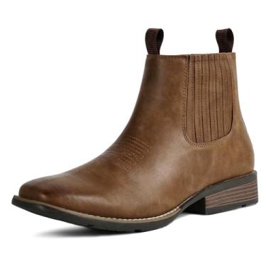 Imagem de IUV Botas de caubói para homens, bico quadrado, cano baixo, bota ocidental, Chelsea, casual, sem cadarço, sapatos masculinos, Marrom, 43