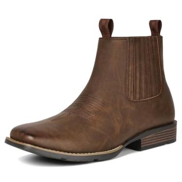 Imagem de IUV Botas de caubói para homens, bico quadrado, cano baixo, bota ocidental, Chelsea, casual, sem cadarço, sapatos masculinos, Marrom escuro, 40