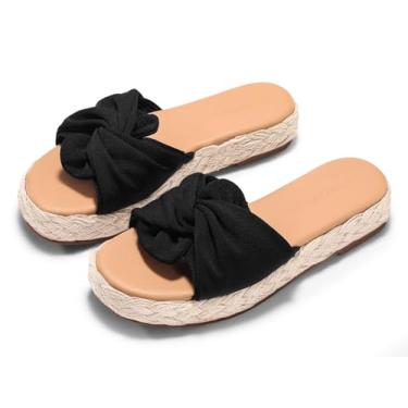 Imagem de Coutgo Sandálias femininas de alpargatas plataforma, bico aberto, sem cadarço, sapatos de praia de verão, Preto, 35