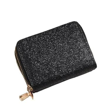 Imagem de Carteira feminina de cartão de crédito RFID, clipe para cartões multicartões com zíper duplo, couro órgão feminino, porta-cartões pequeno, Preto, Moderno