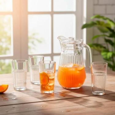 Imagem de Conjunto de Jarra de Vidro 1,3L com Tampa e 4 Copos 200ml Ruby Rio Hom