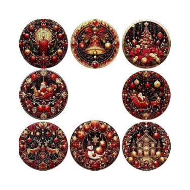Imagem de Porta-copos De Madeira Com Padrão Natalino, 8 Peças, Antiderrapantes, 