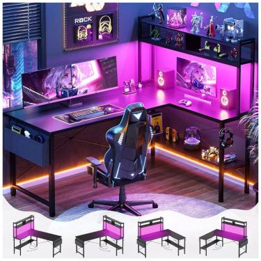 Imagem de Mesa gamer em formato L Aheaplus 150 cm preto com luzes LED, tomadas elétricas, prateleiras reversíveis e bolsa de armazenamento