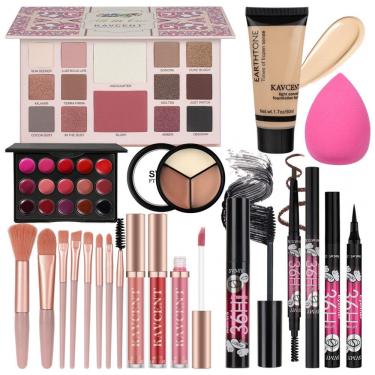 Imagem de Kit Maquiagem Completo KAVCENT Paleta Sombras Batom Gloss Foundation Líquida Corretivo Máscara Delineador Pincéis para Teens e Mulheres
