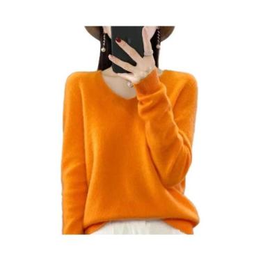 Imagem de Suéter Feminino De Lã Merino 100% Com Decote Em V, Casual, Tricotado, 