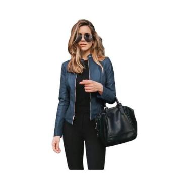 Imagem de Jaqueta Bomber Feminina Vintage Em Couro PU Com Zíper, Corta-Vento Cas