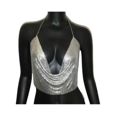 Imagem de Top Cropped Feminino Sexy Com Lantejoulas Metálicas Douradas E Pratead