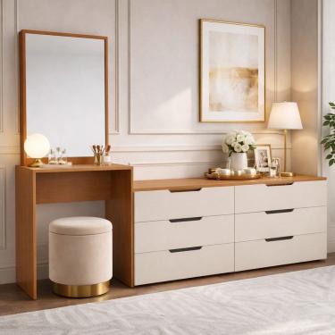 Imagem de Cômoda Penteadeira 6 Gavetas Madrid Creme/Freijó